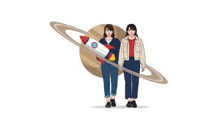 Two women holding a rocket in front of Saturn, symbolizing space exploration and dreams © Muhammad