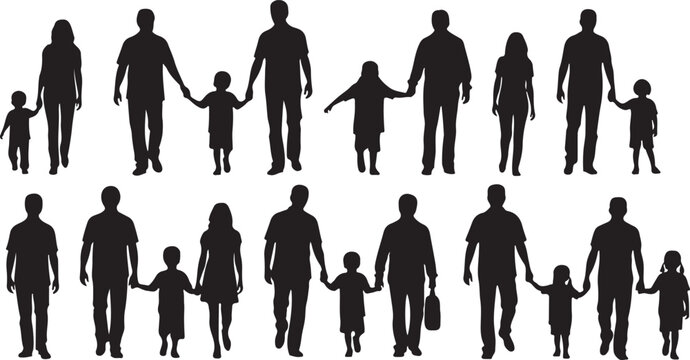Silhouette of diverse family groups holding hands in two rows
