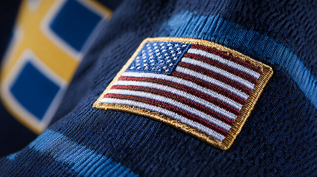 Embroidered national flag patch with vibrant red, white, and blue colors, expertly stitched onto dark blue fabric with subtle patterns