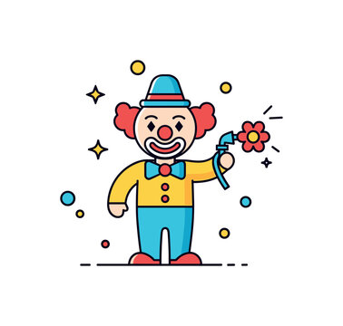 Clown with flower lapel illustration showing a small character holding a squirting flower symbolizing slapstick humor and stage tricks. Subtle sparkle accents