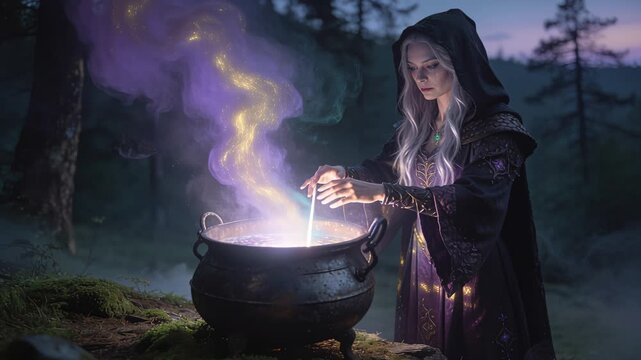 Purple and teal smoke rises as spellcaster prepares mystical drink