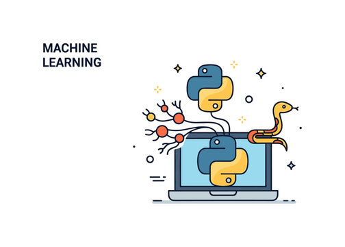 Python machine learning idea showing a simple neural node diagram emerging from a laptop with a small snake icon nearby, representing intelligent systems and