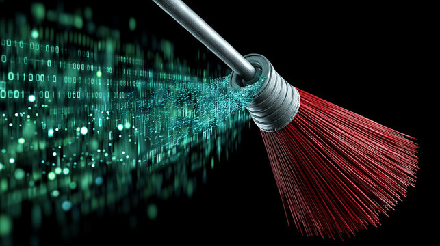 Data cleansing concept with a brush cleaning binary code background, digital hygiene and information management visualization, with copy space