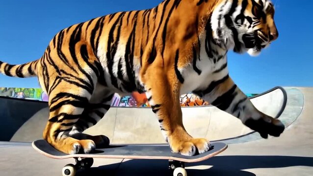 Photorealistic Tiger Skateboard Trick: 8K Resolution, Professional Sports Photography, Clear Sky.