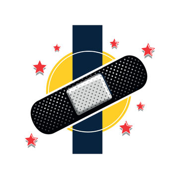 Black and white realistic adhesive bandage enlarged as central object, bright yellow circle behind it like a sun of protection, dark navy vertical rectangle