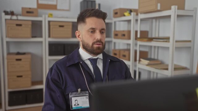 Hispanic man detective with badge and id looks at computer screen and reviews case files with closed eyes in an archive building filled with shelves of boxes; focus.