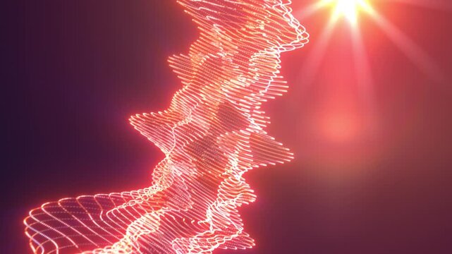 Glowing red and orange light waveform with particle lines