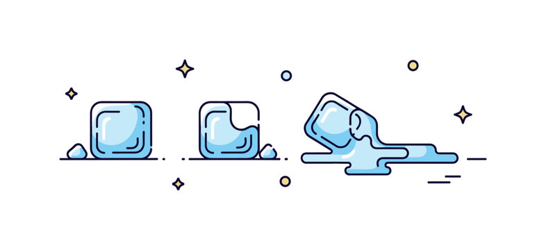 Ice cube time lapse concept with three small cubes arranged in sequence from solid to partially melted to puddle. The scene visually narrates the stages of