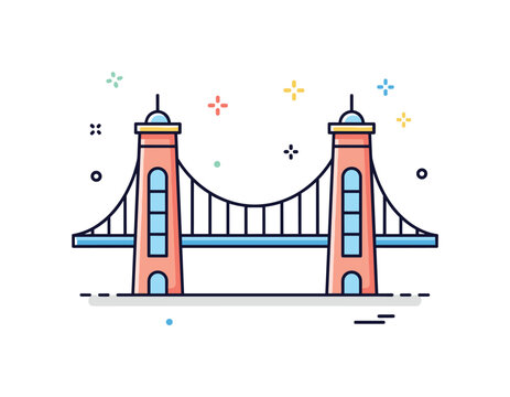 Minimal architectural skybridge icon featuring two symmetrical towers and a centered walkway forming a balanced badge of structural design. Clean spacing and