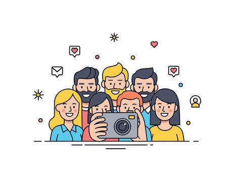 Social media moment featuring a compact group of smiling friends posing for a smartphone camera with subtle heart icons around, representing online sharing and
