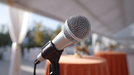 Fototapeta premium Close-up of a dynamic microphone on a stand, ready for speaking or performance, with a blurred outdoor event background under a canopy