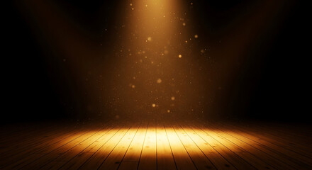 Obraz premium Golden spotlight illuminating wooden stage with floating particles, atmospheric lighting
