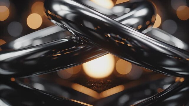 Close-up of interlocking metallic rings with glowing bokeh background. Rings reflect light beautifully and create mesmerizing patterns. Stunning visual for luxury, elegance, and modern design.