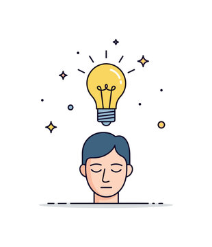 Moment of clarity stylized light bulb gently glowing above a calm figure with closed eyes, symbolizing insight, realization and breakthrough understanding.