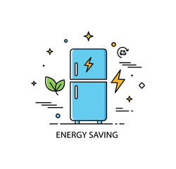 Naklejka premium Energy saving appliance badge centered on a fridge icon combined with a small leaf and lightning symbol representing eco friendly cooling solutions. Clean