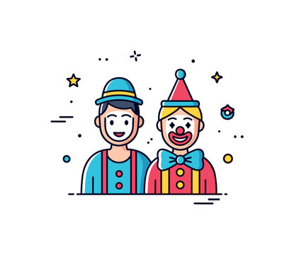 Playful mime and clown duo concept featuring two simple performer silhouettes side by side symbolizing variety and performing arts diversity. Clean geometric