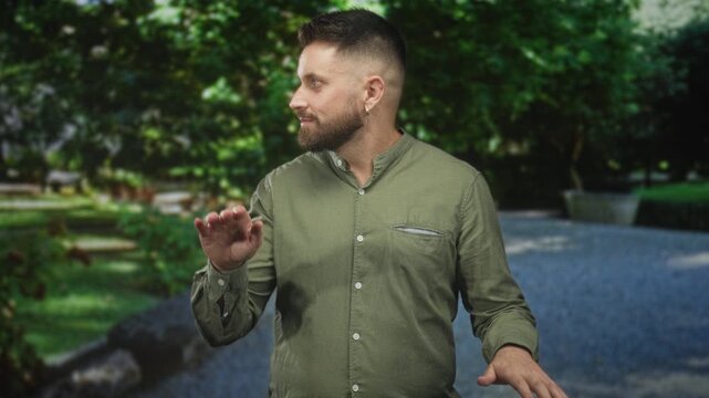 Man with beard showing palms up and open hands, smiling with eyes closed on a forest pathway in daylight; serenity openness.