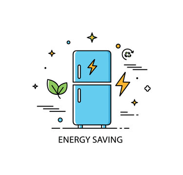 Energy saving appliance badge centered on a fridge icon combined with a small leaf and lightning symbol representing eco friendly cooling solutions. Clean