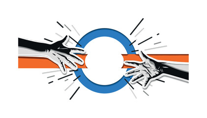 Obraz premium Black and white pair of outstretched hands reaching toward wide empty space, bright blue halo framing the gap between them, orange horizontal bar emphasizing