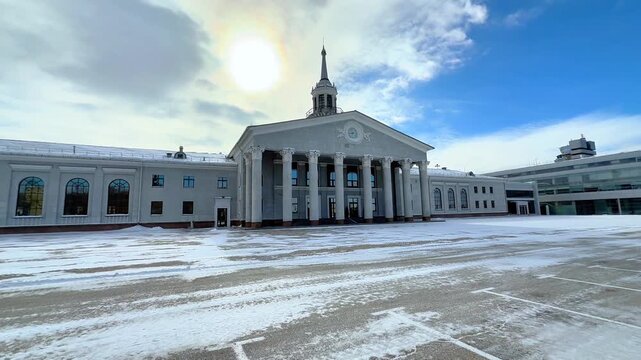 Historic Building of Koltsovo International Airport in Yekaterinburg, Russia. Classic Stalinist Empire Architecture of the Old Airport Terminal with Columns and Spire.