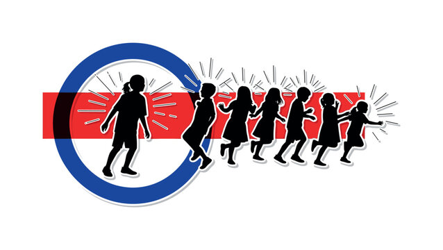 Black and white layered silhouettes of two DJs performing back-to-back, bold bright blue circle centered between them, sharp red diagonal rectangle