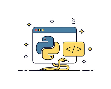 Python web development concept with a browser window icon and a small code bracket overlay, supported by a subtle snake detail suggesting backend logic and
