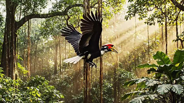 Hornbill in Flight: A majestic hornbill soars through a vibrant tropical forest, its striking plumage and distinctive casque catching the sunlight.