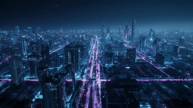 High altitude night drone shot of futuristic smart city grid, glowing street patterns