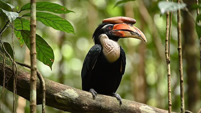 Rhinoceros Hornbill in Rainforest: A vibrant Rhinoceros Hornbill, distinguished by its unique casque and striking plumage, perches majestically amidst the lush canopy of a tropical rainforest.