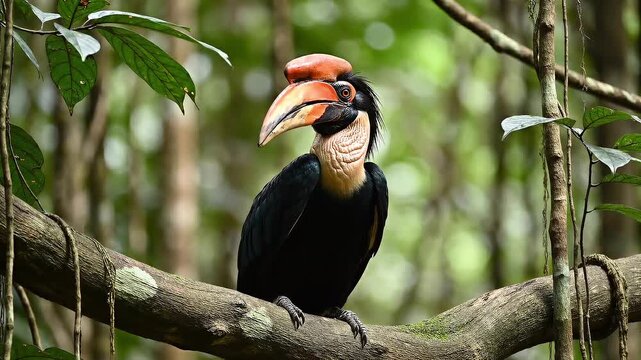 Rhinoceros Hornbill Perched: A captivating Rhinoceros Hornbill with its striking beak and distinctive casque, gracefully perched on a tree branch, observing its verdant surroundings.