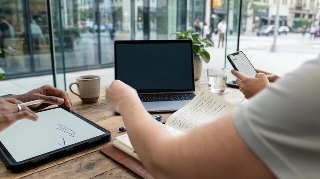 Creative collaboration meeting sketchbook laptop tablet smartphone coffee hands holding tablet