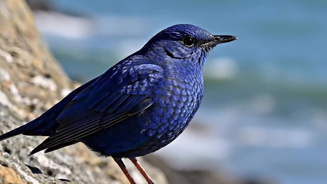 Azure Plumage: A resplendent blue rock thrush perched upon a craggy rock, its striking cobalt plumage contrasting with the ocean's azure expanse.