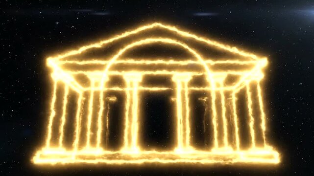 Illuminated building with columns at night.