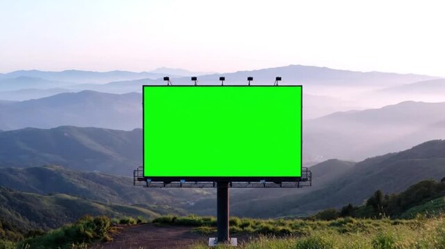 Large green billboard standing alone on a winding mountain road with a scenic view of rolling hills and distant mountains.