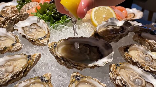 Oysters and Lemon: A culinary masterpiece with open oyster shells on ice, accented by a zesty lemon, offering an elegant seafood experience.