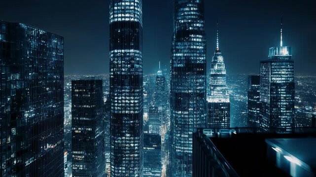 Corporate Night Skyline Slow Aerial Push
