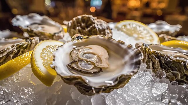 Fresh Oyster Presentation: A close-up showcases a collection of raw oysters presented on a bed of glistening ice, enhanced by vibrant lemon wedges.