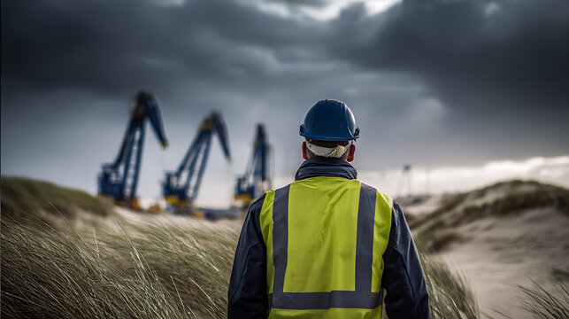 Industrial worker in protective gear on coastal dunes with pump jacks under dramatic sky, symbolizing energy production and environmental impact