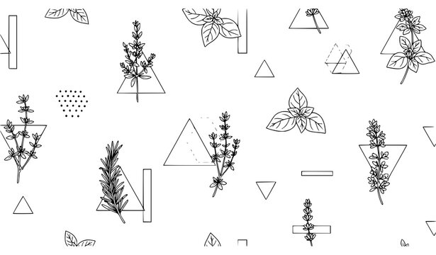 Minimal botanical herb seamless pattern with geometric shapes modern summer line art vector design