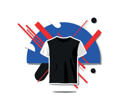 black and white basic t-shirt floating composition, framed by cobalt blue half-circle and red geometric bars, layered cut-out paper effect with subtle white