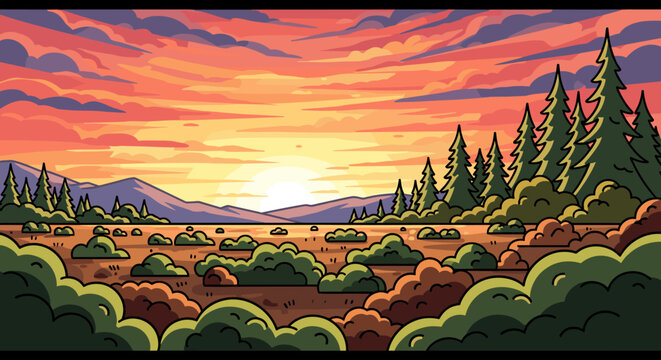 A vibrant landscape featuring rolling hills, evergreen trees, and a colorful sunset in a modern illustration style