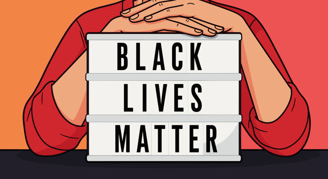Illustration of hands resting on a lightbox displaying the message 'Black Lives Matter' in a modern, vibrant style