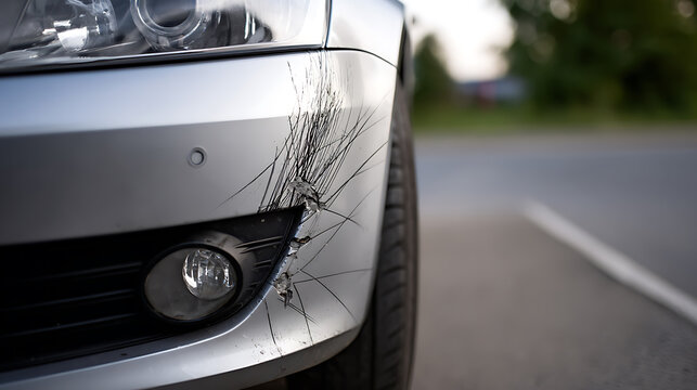 Close-up View of Significant Damage to a Silver Car Bumper with Deep Scratches and a Cracked Fog Light Area on a Roadside