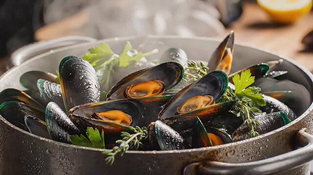 Steaming Seafood Delight: A close-up showcases a pot of steaming mussels, their shells glistening amidst fresh herbs and a hint of lemon, exuding an aura of culinary artistry.