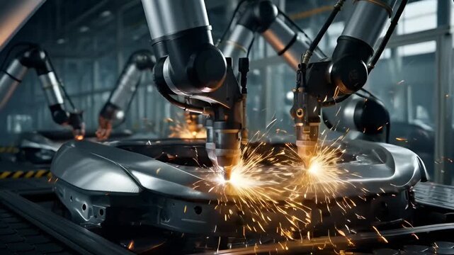 Robotic welding arms in action generating sparks for manufacturing process