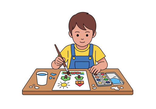 Child Painting with Brush and Colors.