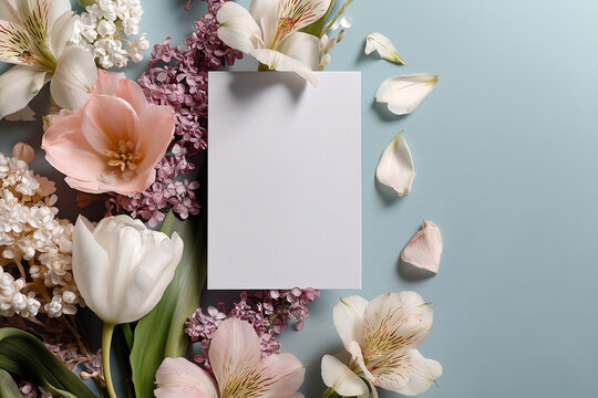 A blank card framed by realistic white roses, pink tulips and lilac sprigs on a teal surface. A soft pastel floral composition with a centered greeting card. Spring, Mother's Day, Valentine ideas.