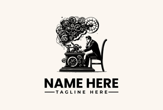 Black and white illustration of a man sitting at a typewriter with a thought bubble full of gears and cogs above his head, on a beige background with space for a logo and tagline.