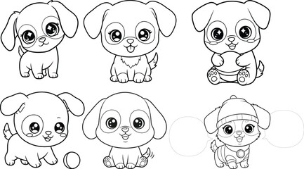 Cute puppy dogs coloring page for kids with six adorable puppies © marjana