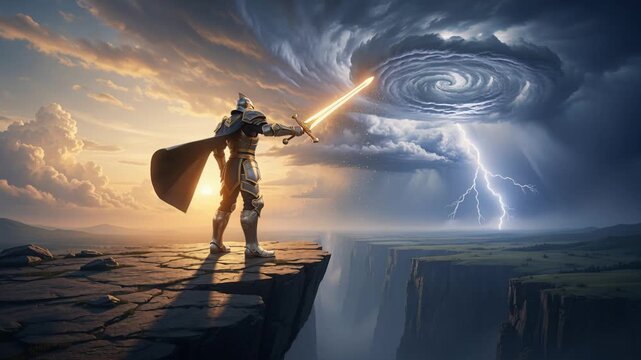 Defender confronts powerful storm over abyss with glowing weapon